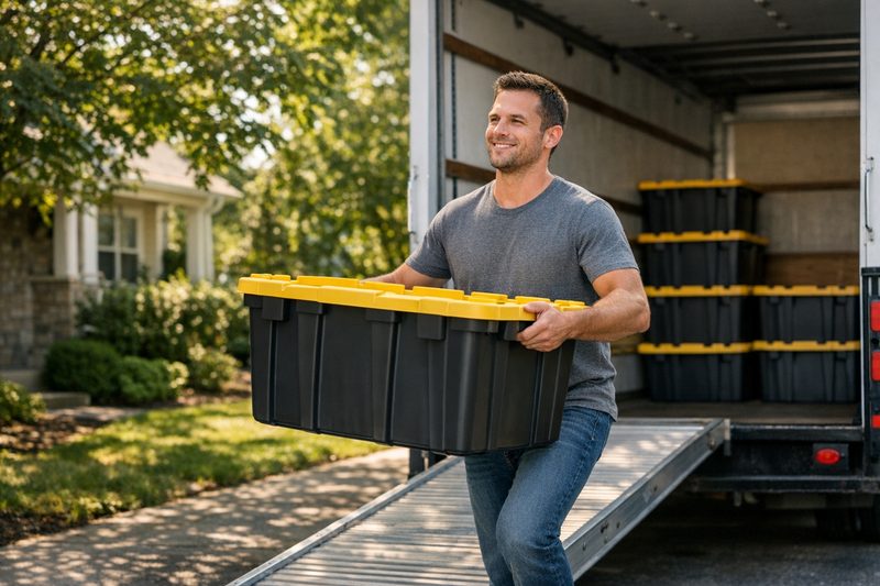 Man carrying a reusable tote up a ramp into a moving truck loaded with stacked totes