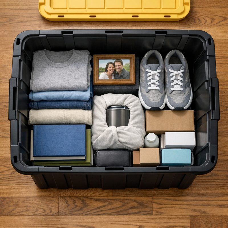 Top-down view of a reusable tote neatly packed with folded clothes, shoes, books, and household items