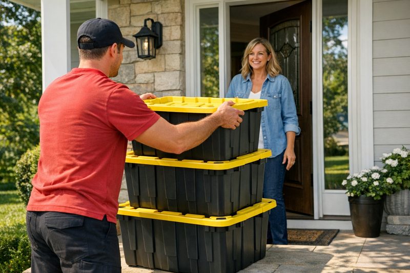 Driver delivering a stack of reusable totes to a smiling homeowner at her front door